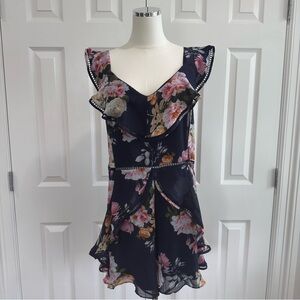 City Chic Navy Bleu Pink Asymmetrical v-Neck Ruffled Cut-out Jumpsuit Size 16